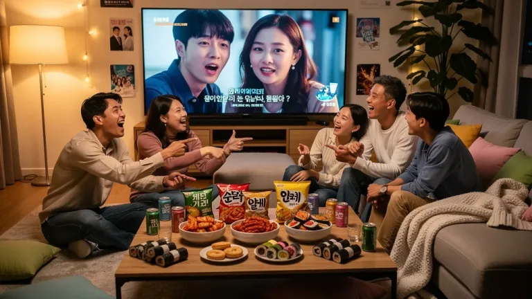 Friends enjoying a K-Drama watch party with snacks and decorations.