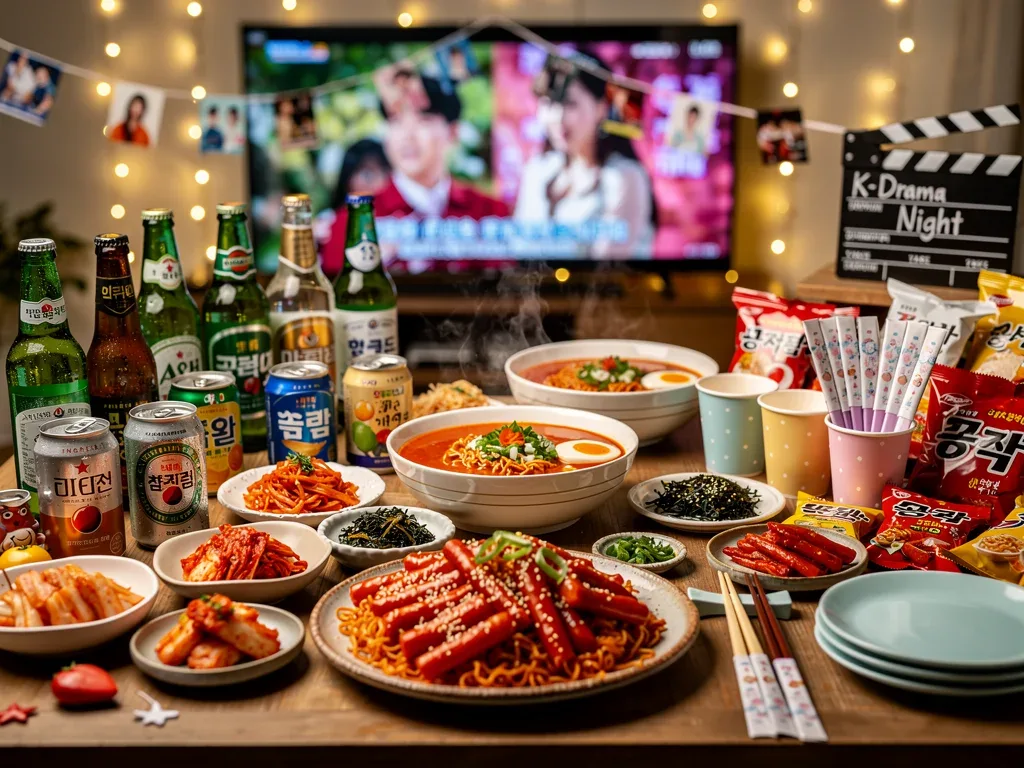 Table spread with Korean snacks and drinks for a watch party.