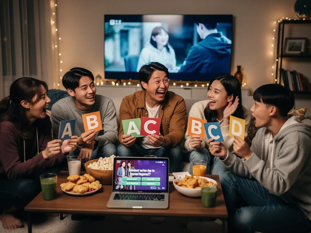 Friends playing K-Drama trivia game at a party.