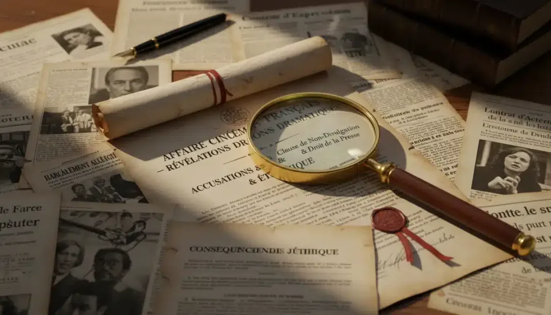Documents juridiques et articles de presse entrelacés, symbolisant les conséquences légales des scandales cinématographiques.