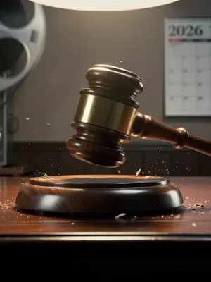 Marteau de juge frappant, symbolisant une décision judiciaire imminente affectant la diffusion de documentaires en 2026.