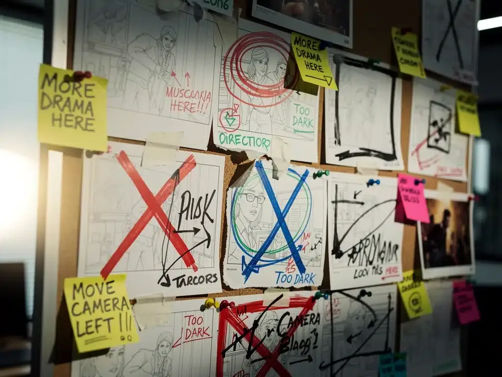 Storyboard détaillé d'un projet de film 2026, illustrant des visions artistiques contradictoires et le clash entre les réalisateurs.