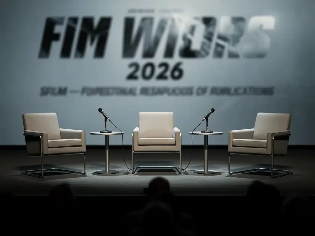 Scène de conférence de presse vide pour un projet de film 2026, symbolisant l'absence des réalisateurs suite à un clash.