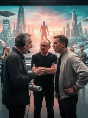 Trois réalisateurs de renom en plein désaccord sur le plateau d'un projet cinématographique de 2026, reflétant un clash intense.