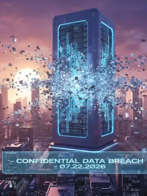 Illustration numérique d'une fuite de données massive exposant des scénarios inédits pour l'été 2026, avec des informations se dispersant sur un paysage urbain futuriste.