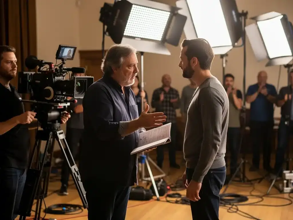 Le réalisateur de "Le Dernier Souffle" dirigeant un acteur sur le plateau de tournage