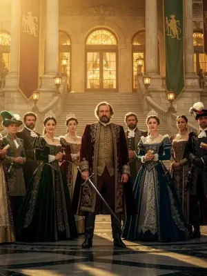 Elaborate period drama scene with diverse cast and grand setting, symbolizing historical drama popularity.