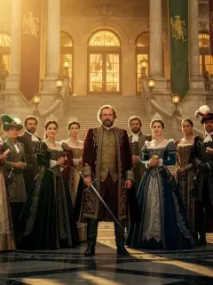 Elaborate period drama scene with diverse cast and grand setting, symbolizing historical drama popularity.