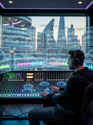 Futuristic composer creating innovative drama soundtracks in a high-tech studio.