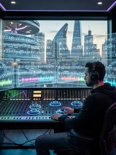 Futuristic composer creating innovative drama soundtracks in a high-tech studio.