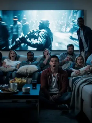 Captivated U.S. audience watching a suspenseful thriller drama, reflecting emotional engagement.