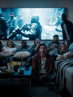 Captivated U.S. audience watching a suspenseful thriller drama, reflecting emotional engagement.