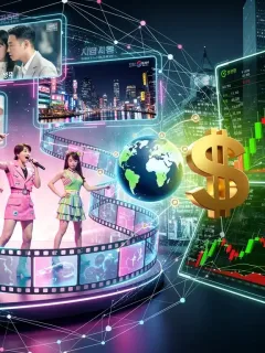 Dynamic visual showcasing Korean entertainment's financial growth and US market investment.