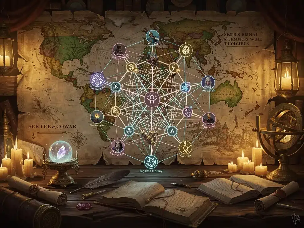 Intricate narrative web symbolizing complex plotlines and character relationships in fantasy dramas.