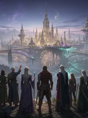 Epic fantasy city skyline at twilight with diverse characters, symbolizing the broad appeal of fantasy dramas.