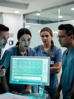 Actors in scrubs intensely watching a patient monitor on a modern hospital set.
