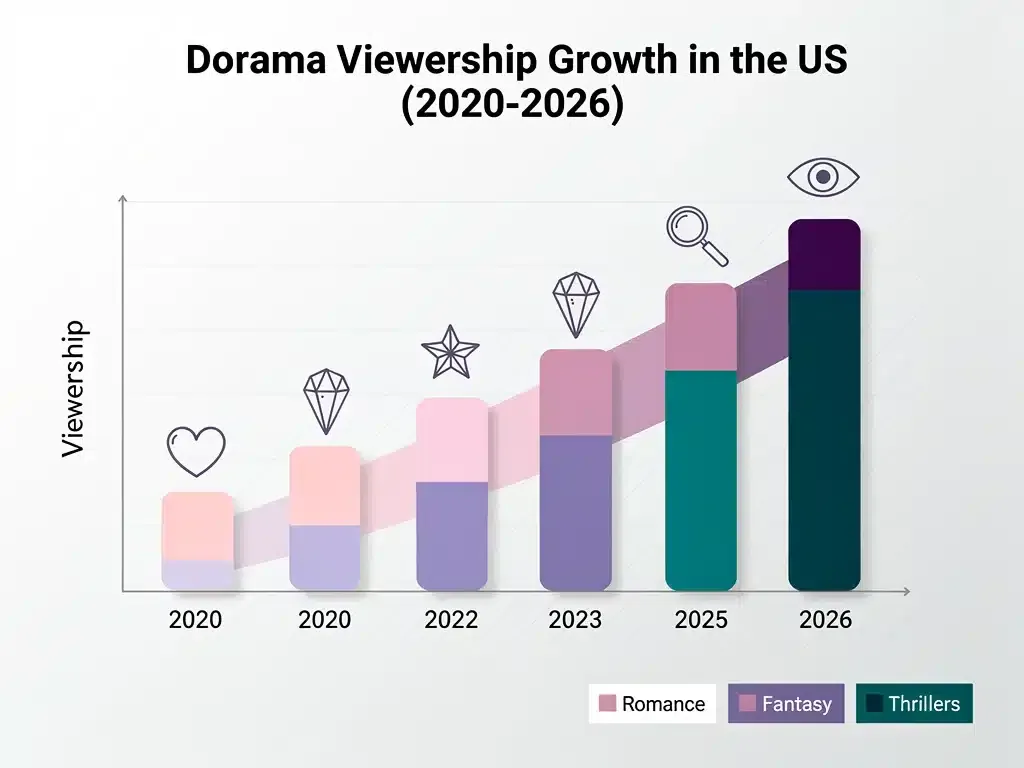 Infographic showing growth of dorama viewership by genre in the US up to 2026