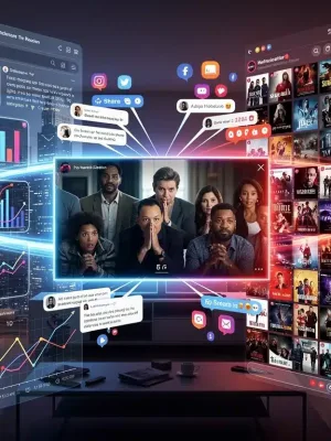 Social media influence on US drama popularity, digital screens showing engagement metrics and audience interaction.