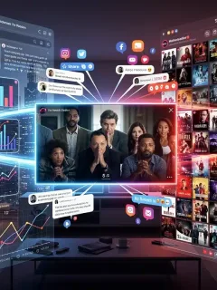 Social media influence on US drama popularity, digital screens showing engagement metrics and audience interaction.