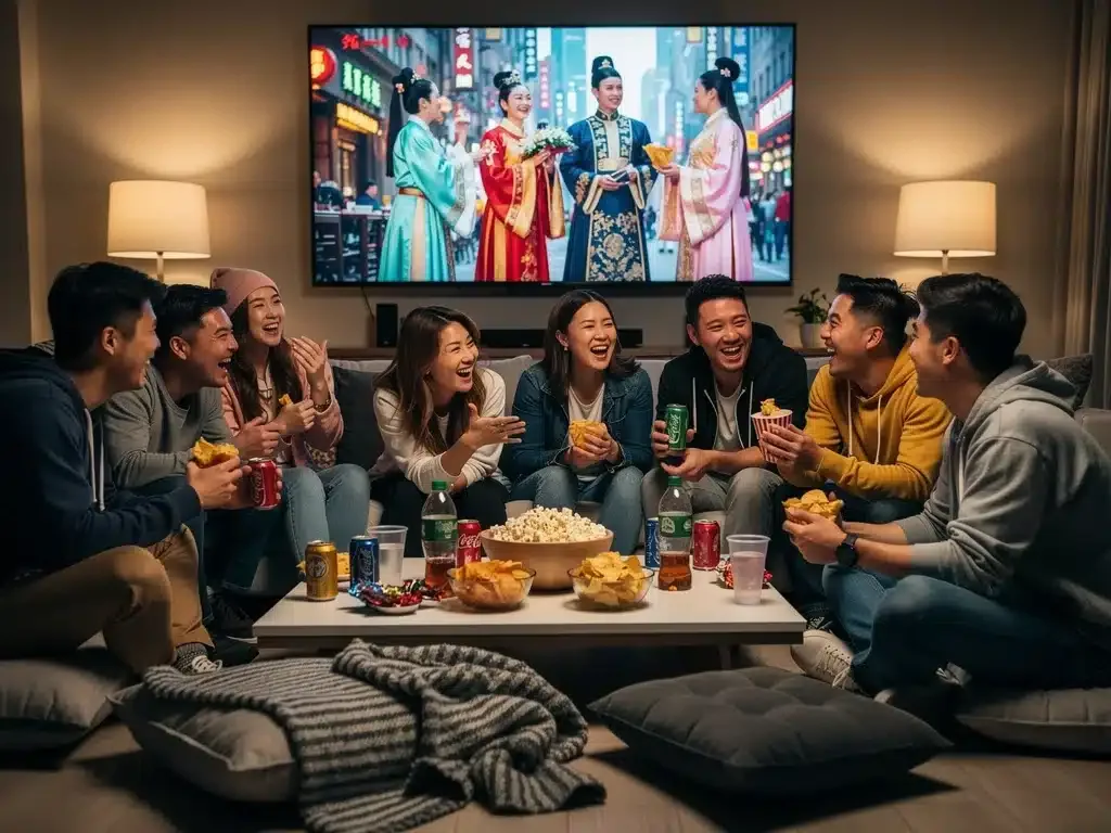 Diverse friends enjoying a C-drama together on a large screen, symbolizing shared viewing experiences.