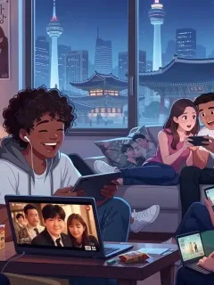 Diverse US viewers watching K-dramas on devices, symbolizing 2026 K-drama market penetration and cultural exchange.