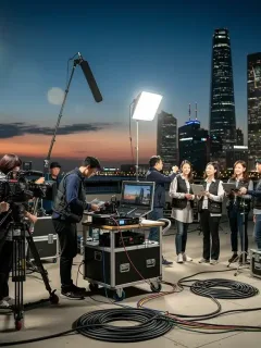 Behind the scenes of a US-Korean co-production film set with diverse crew.