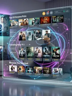 Futuristic streaming interface showing dorama recommendations