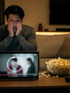 Frustrated dorama viewer experiencing buffering on laptop