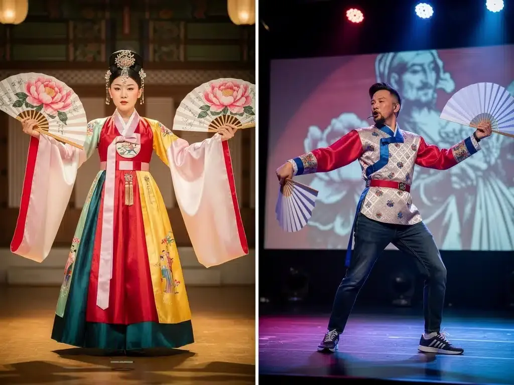 Traditional Korean fan dance versus American artist with Korean-inspired elements.