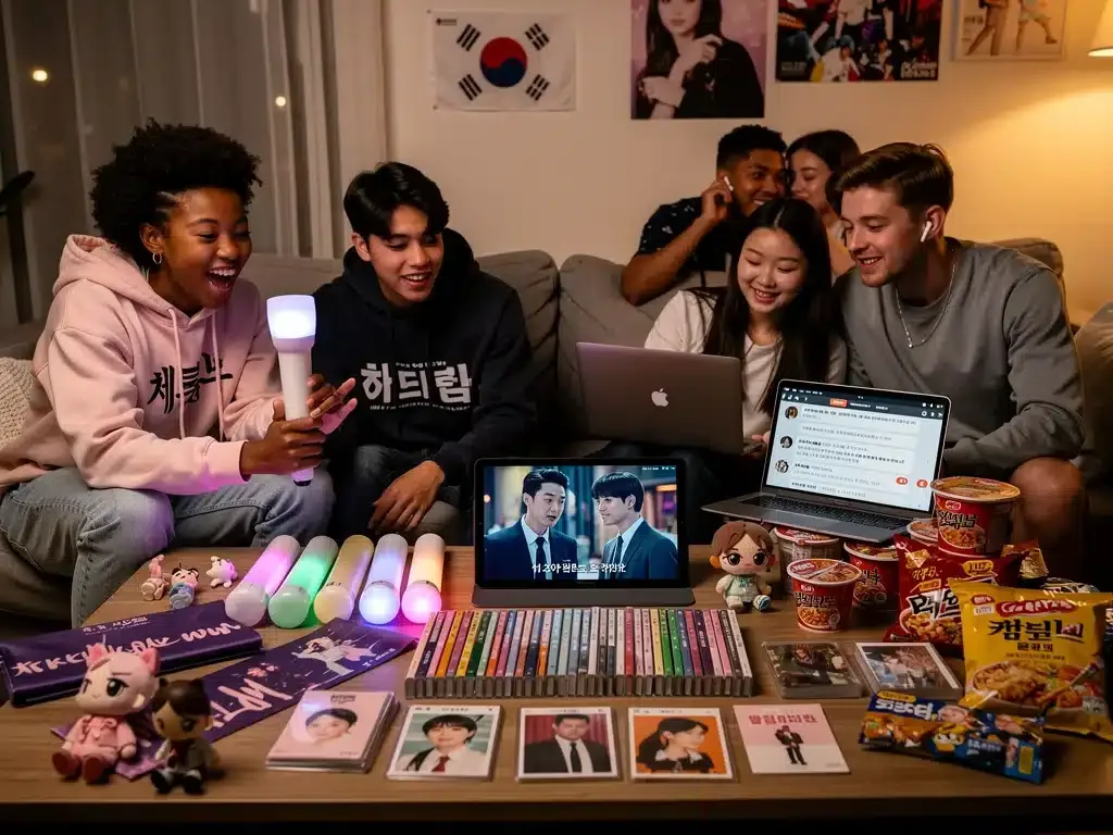American youth engaging with K-Pop merchandise and K-dramas, demonstrating Hallyu's widespread appeal.
