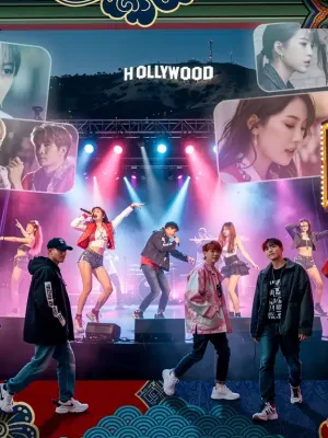 K-Pop idols and K-drama scenes blending with US media icons, representing cultural integration.