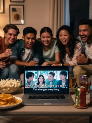 Group of friends watching dorama with fan translations