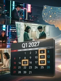 Dynamic montage of K-drama scenes with Q1 2027 calendar and US distribution overlay, symbolizing early access opportunities.