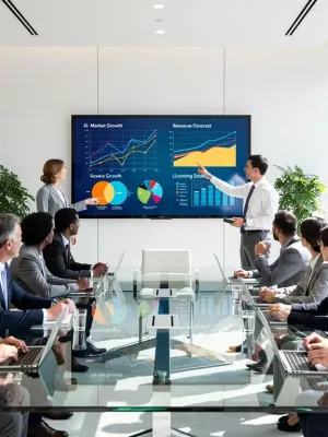 Business team collaborating on strategic licensing deals for US distribution in 2026, reviewing market data.