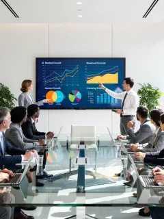 Business team collaborating on strategic licensing deals for US distribution in 2026, reviewing market data.