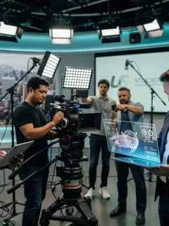 Diverse film crew collaborating on a global co-production set, symbolizing financial efficiency for US studios.