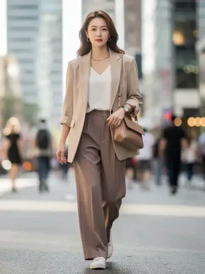Stylish woman in K-Drama inspired outfit on US city street