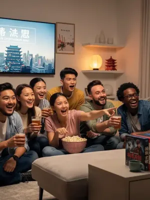 Diverse US audience enjoying Asian entertainment on a large screen