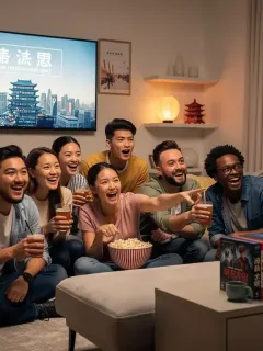Diverse US audience enjoying Asian entertainment on a large screen