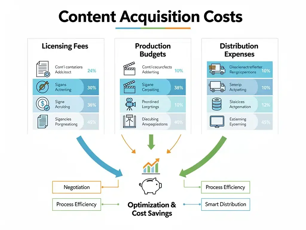 Infographic detailing content acquisition cost components and optimization areas.