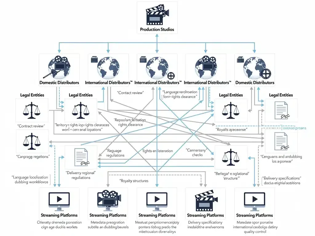 Intricate flowchart of international content licensing, connecting studios, distributors, legal, and streaming platforms.