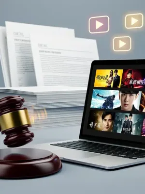 Gavel hitting block, dorama scenes on laptop, legal documents, streaming icons, symbolizing copyright law impact on dorama distribution.