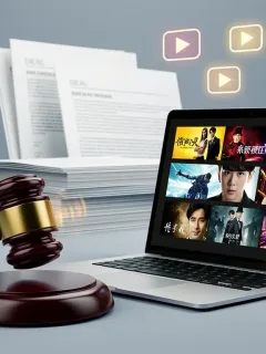 Gavel hitting block, dorama scenes on laptop, legal documents, streaming icons, symbolizing copyright law impact on dorama distribution.