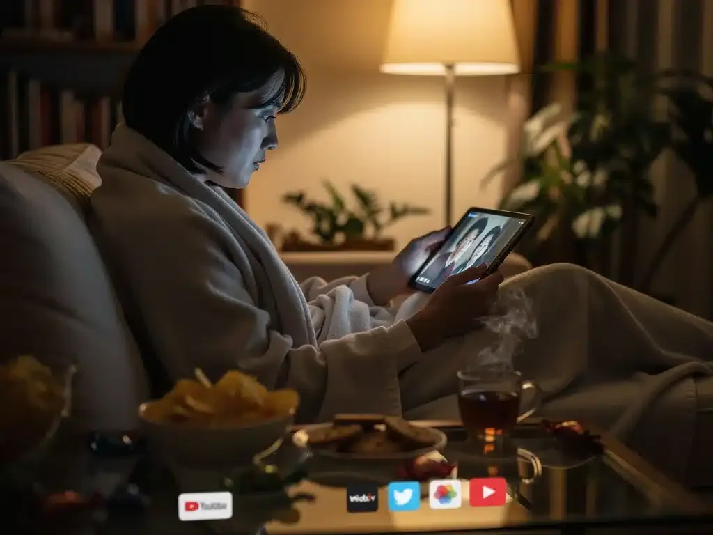 Person watching k-drama on tablet with snacks