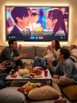 Friends enjoying dorama streaming on a large screen in a cozy living room, optimized for 2026.