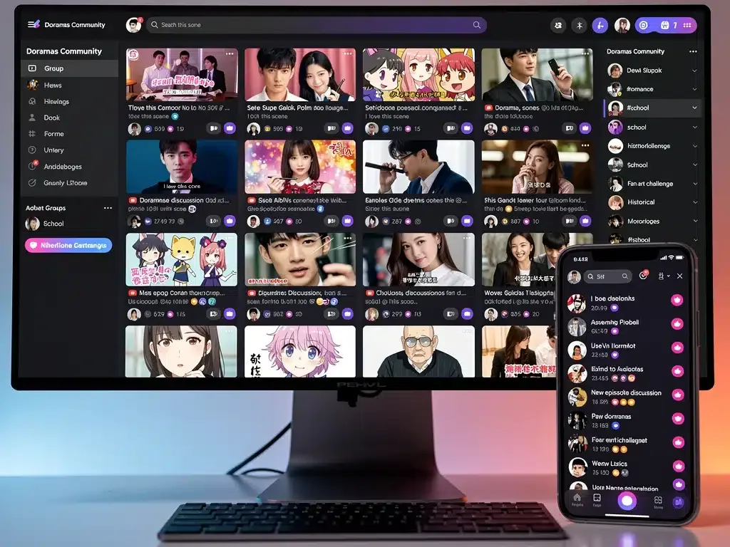 Online dorama fan community engaging in discussions and sharing content, showcasing digital platforms