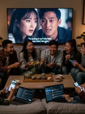 Diverse US dorama fans engaging with Asian dramas on digital platforms, symbolizing fandom growth