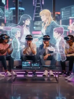 Futuristic living room with US dorama fans using VR for interactive storytelling