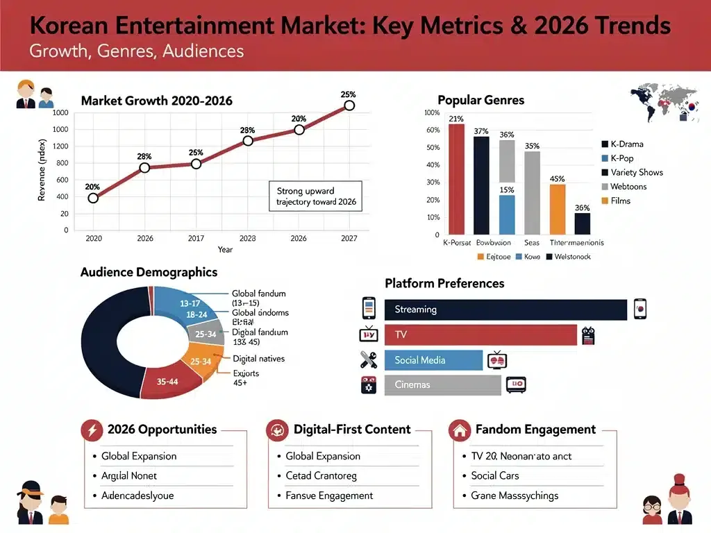 Infographic displaying Korean entertainment market trends and growth projections for 2026.