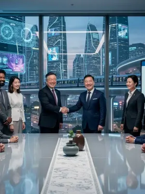 Executives shaking hands over a table, symbolizing successful Korean content deal negotiation.
